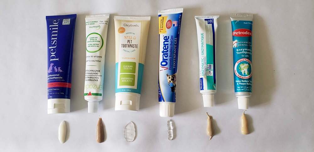 Lineup of cat toothpaste tubes with a small amount dispensed